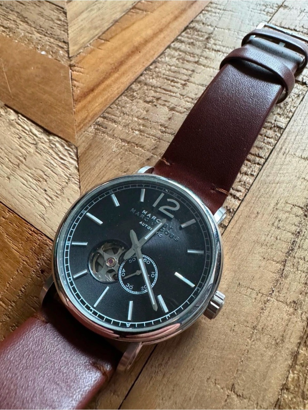 Marc Jacobs Men's Automatic Watch with Brown Leather Strap and Black Dial